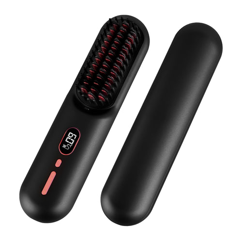 Grey-Black Options -- 1Pc Cordless Negative Ion Hair Straightener Brush Rechargeable Mini Styling Comb With 12 Heating Levels Anti-scald 30S Preheating 30Mins Auto Sleep LCD Display Trendova